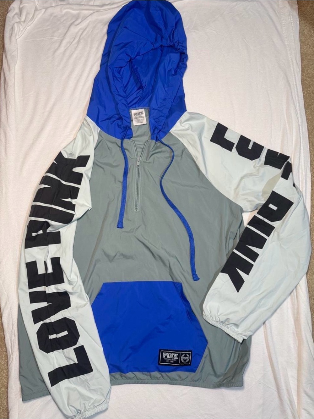 PINK Victoria's Secret Grey Windbreaker Hoodie with Blue Hood & Pocket